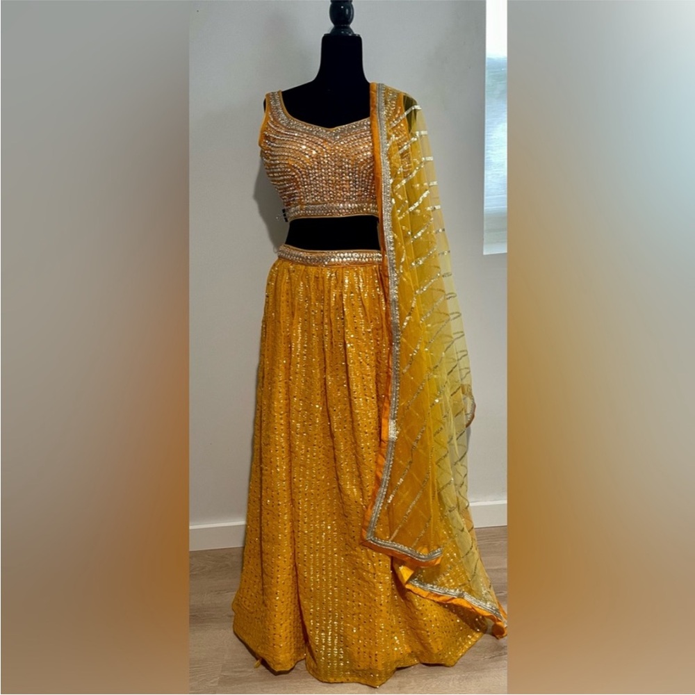 Elegant Burnt Orange and Yellow Lehenga with Dupatta Women's Skirt Set